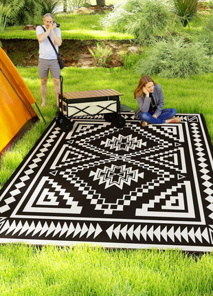 Reversible Outdoor Rug, Waterproof Plastic Straw with Carry Bag, 9' x 18', Black & White Square Patchwork