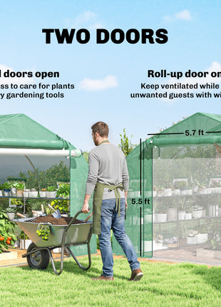 10'x11'x6' Walk-in Tunnel Greenhouse with Shelves, Mesh Door and Windows, Plant Hot House with PE Cover, Green