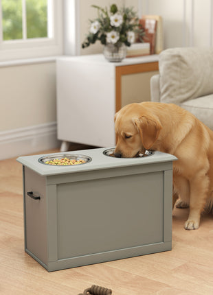 Raised Pet Feeding Storage Station with 2 Stainless Steel Bowls Base for Large Dogs and Other Large Pets, Gray