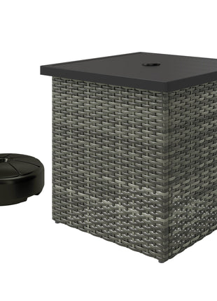Wicker Side Table with 1.5" Umbrella Hole, Square Outdoor End Table with UV-Resistant Frame, Storage Space, Mixed-Gray