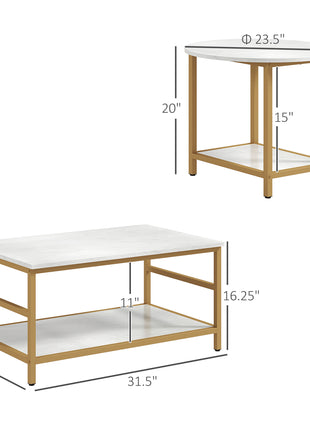 Coffee Tables Set of 2, Rectangle and Round Coffee Table with Storage Shelves, Faux Marble Top, Living Room Table Set