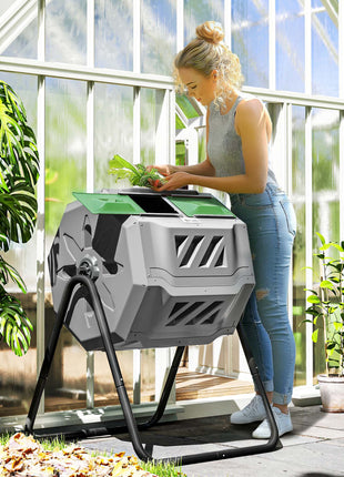 Tumbling Compost Bin Outdoor 360° Dual Chamber Rotating Composter 43 Gallon, Light Gray