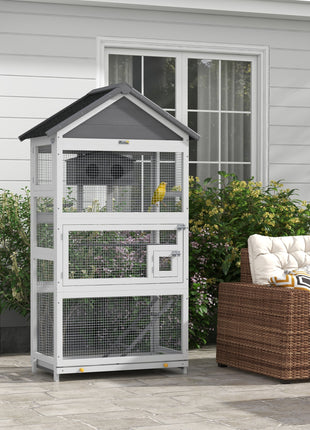 Wooden Bird Aviary with Slide-Out Tray, Birdhouse, Ladder, Perches for Finches, Parakeets, Gray
