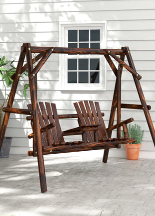 Wooden Porch Swing with Stand, 2-Seat Patio Swing Chair with Center Table, for Garden, Poolside, Backyard
