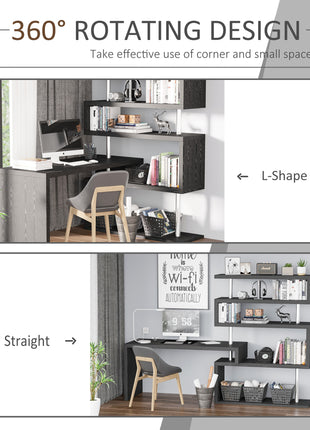 94" 5 Tier L-Shaped Computer Desk Rotating Writing Table Corner Desk with Display Shelves and Stainless Steel Frame, Black