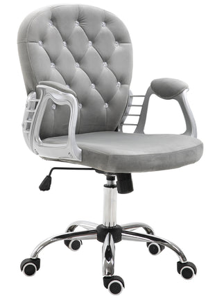 Velvet Home Office Chair, Button Tufted Desk Chair with Padded Armrests, Adjustable Height and Swivel Wheels, Gray