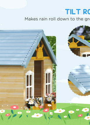 Wooden Playhouse for Kids Outdoor Garden with Working Door, Windows, Bench, Service Station, Flowers Pot Holder, Blue