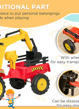 3 in1 Kids Ride On Bulldozer Excavator Toy with 6 Wheels Controllable Cargo Trailer Easy Pedal Controls for 3-6 Years