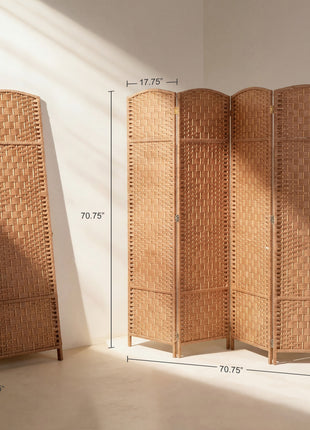 Room Divider 4 Panel, 6FT Tall Folding Privacy Screen, Freestanding Hand-Woven Partition for Room Separation with 360° Hinges, Paper Rope Diamond Weave, Natural