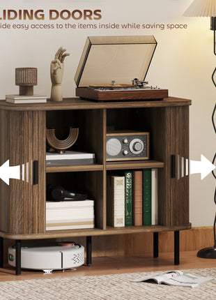 35.4" Sideboard Buffet Cabinet with Storage, Nordic Coffee Bar Cabinet with Slatted Tambour Doors and Metal Legs, Walnut