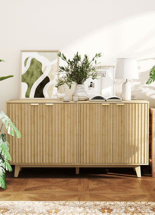 Fluted Sideboard Buffet Cabinet, 55" Coffee Bar Cabinet with 4 Doors, 2 Adjustable Shelves, 5 Wood Legs, Oak