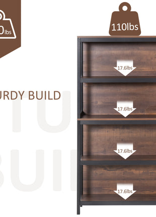 Shelves for Storage, 4 Tier Bookshelf Utility Organizer with Back Support and Anti-Topple Design, Walnut/Black
