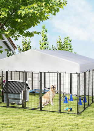 9.8' x 9.8' x 6' Outdoor Dog Kennel, Dog Kennel Outside Run with 360° Rotating Bowls, Waterproof & UV Resistant Cover