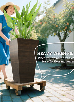 Set of 3 Tall Planters, 28" Outdoor Planter w/ Drainage Holes, Faux Wood Plastic Flower Pots, Brown
