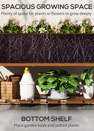 Raised Garden Bed with Legs and Cover, Metal Elevated Planter Box with Bottom Shelf and Liner for Vegetables, Brown