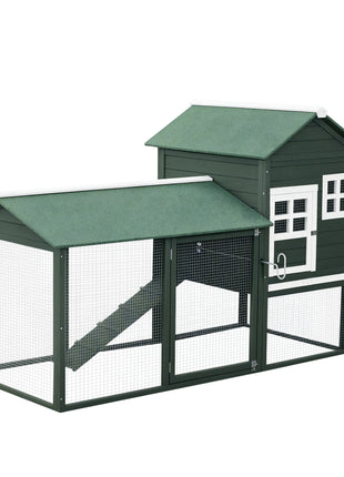 84" Wooden Chicken Coop, Hen House Outdoor with Run Nesting Box, Asphalt Roof, Removable Tray, Ramp, Poultry Cage for 2-3 Chickens, Green