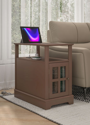 Narrow Side Table End Table with Charging Station, USB Ports, Modern End Table with Storage for Living Room, Brown
