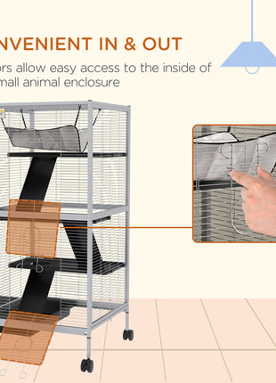 45" H Rolling Small Animal Cage with Hammock, Ferret Cage, Chinchilla Cage, Pet Habitat with 6 Doors, Removable Tray