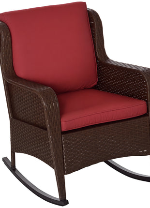 Outdoor Wicker Rocking Chair, Rattan Rocker with Cushions, Steel Frame for Patio, Garden, Backyard, Wine Red
