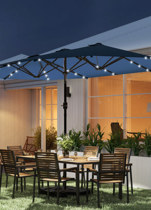 Garden Parasol 14.4ft Double-Sided Sun Umbrella with Base, Patio Parasol with LED Solar Lights, Navy Blue