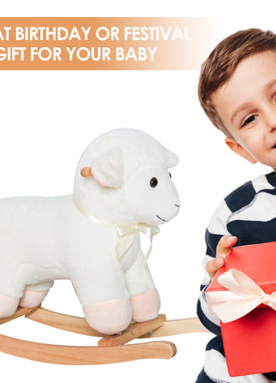 Lamb Rocking Horse Sheep, Nursery Stuffed Animal Ride On Rocker for Kids, Wooden Plush, White