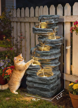 40" Tall Outdoor Waterfall Fountain with LED Lights, 6-Tier Cascading Waterfall Feature, Resin Garden Fountain, Gray