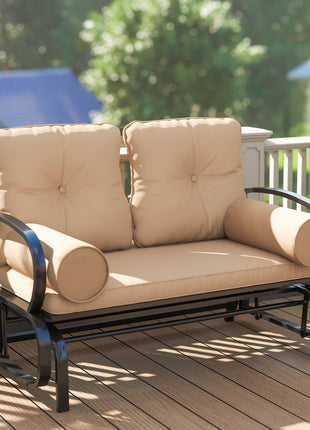 Swing Glider Rocking Chair, Double Patio Bench, 2 Person Loveseat with Steel Frame, Cushions, Pillow Armrests, Khaki