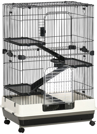 32"L 4-Level Small Animal Cage Rabbit Hutch with Universal Lockable Wheels, Slide-out Tray for Bunny, Chinchillas, Ferret, Black