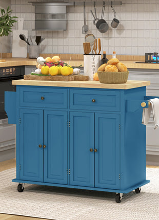 Kitchen Island on Wheels, Rolling Cart with Rubberwood Top, Spice Rack, Towel Rack and Drawers, Turquoise