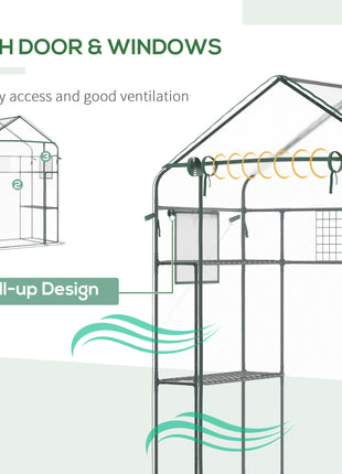 Outdoor Walk-in Mini Greenhouse with Mesh Door & Windows, Small Portable Garden Green House with 3 Tiers 6 Shelves, Trellis, & Plant Labels