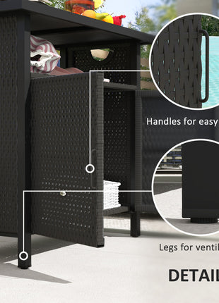 Outdoor Pool Towel Storage Cabinet Organizer, Outdoor Bar Table with Shelf and Cabinet, Pool Towel Holder Pool Valet with Weather-Resistant PE Rattan and Steel Frame, Espresso