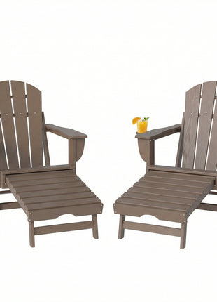Folding Adirondack Chair Set of 2, HDPE Fire Pit Chair with Retractable Ottoman and Cup Holder, Brown