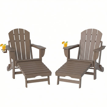 Folding Adirondack Chair Set of 2, HDPE Fire Pit Chair with Retractable Ottoman and Cup Holder, Brown