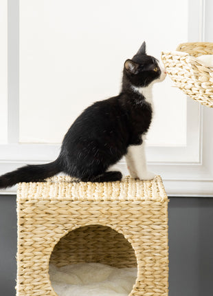 Cattail Weave Cat Tree for Indoor Cats Kitty Tower with Rattan Cat Condo, Wicker Bed, Ladder, Washable Cushions, 22.5" x 14.5" x 39.5", Natural