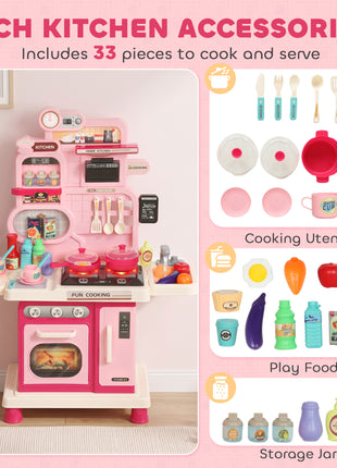 Kids Kitchen Playset, Play Kitchen with Lights, Sounds, Circulating Water Sink, Storage, 33 PCS for 3-6 Years, Pink