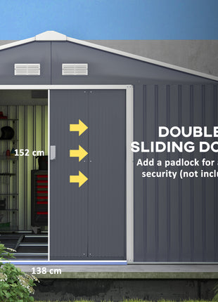 11' x 13' Garden Metal Shed, Storage Shed Utility Storage with Double Locking Doors for Bike, Yard Tools, Dark Gray