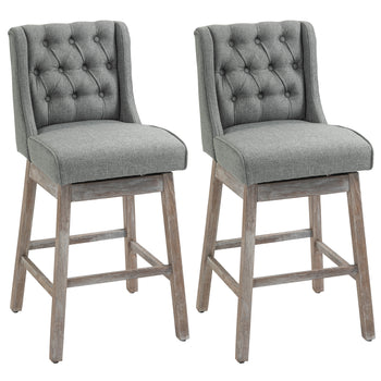 Bar Height Bar Stools Set of 2, 180 Degree Swivel Barstools with Solid Wood Footrests and Button Tufted Design, 30" Seat Height Bar Chairs for Kitchen Island, Gray