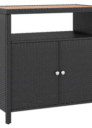 Outdoor Storage Cabinet with Acacia Wood Top, Two Doors, Shelf, Wicker Bar Table for Pool Towel Storage, Black