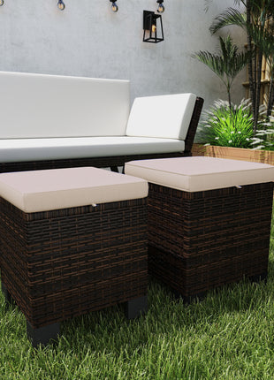 2 Piece Wicker Outdoor Ottomans with Cushions, Rattan Ottoman Footrest and Side Table for Patio, Yard, Poolside, Cream