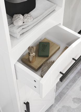 Farmhouse Tall Slim Bathroom Storage Cabinet with Recessed Drawer, Narrow Cabinet with Barn Door, White