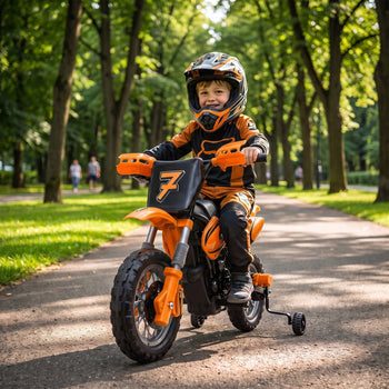 12V Kids Motorcycle, 2 x 35W Electric Dirt Bike with Training Wheels, Rear Suspension, Horn for 3-6 Years, Orange