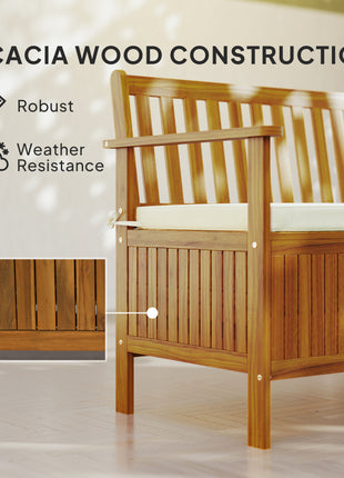 Outdoor Bench with Storage Compartment, Acacia Wood Patio Bench with Cushion, 2 Seater Garden Bench, Teak