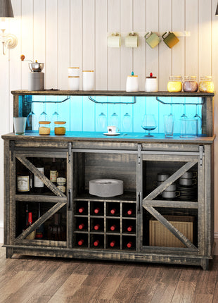 55" Coffee Bar Cabinet with Lights, Farmhouse Wine Cabinet with Wine and Glass Racks for Kitchen, Dining Room, Brown