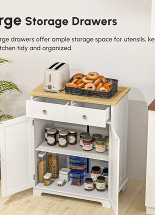 Kitchen Storage Cabinet, Sideboard Floor Cupboard with Solid Wood Top, Adjustable Shelf, and 2 Drawers, Distressed White