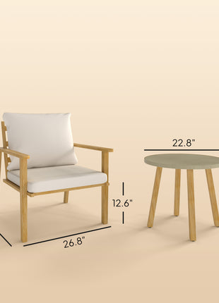 3 Piece Outdoor Bistro Set, Wood Effect Metal Patio Set with Wide and Deep Chairs, Round Table, Cushions, Cream White