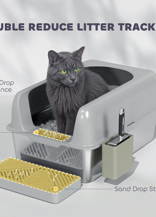 High Sided Stainless Steel Litter Box with Metal Scoop & Scoop Holder, for Easy Clean& Anti-Urine Leakage, Light Gray