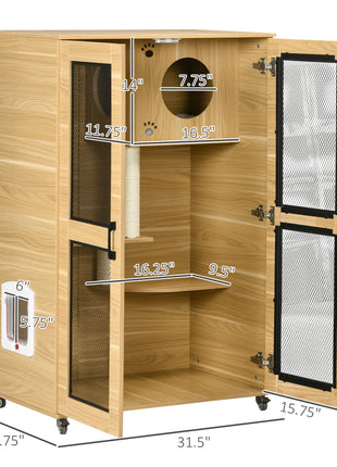 Cat House with Cat Tree Kitty Cage with Scratching Posts Condo Wheels Flap Door, Oak, 31.5" x 20" x 48.5"