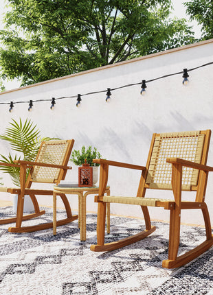 Outdoor Lawn Rocking Chair Set of 2, Acacia Wood Patio Rocking Chairs with Wicker Back and Seat for Garden, Khaki