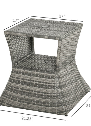 Outdoor Side Table with Umbrella Hole, 2 Tier Rattan Wicker End Table with Storage Shelf, All Weather for Patio, Garden, Backyard, Mixed Gray