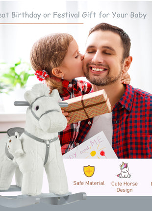 Kids Rocking Horse with Bear Toy, Plush Animal Rocker with Fun Realistic Sounds for Toddler 18-36 Months, White